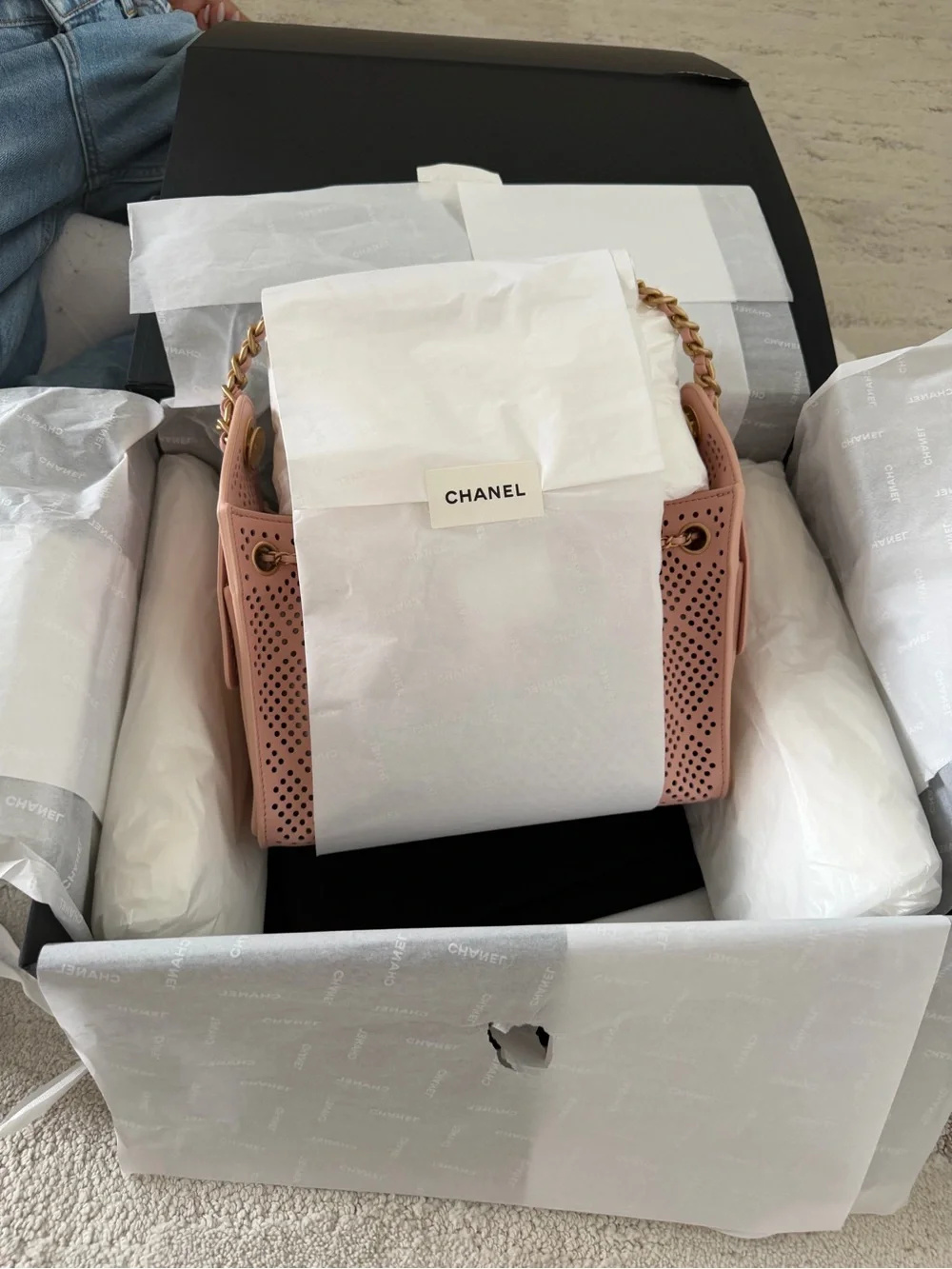 CHANEL Pink Perforated Leather Small Shoulder Bag with Gold Hardware